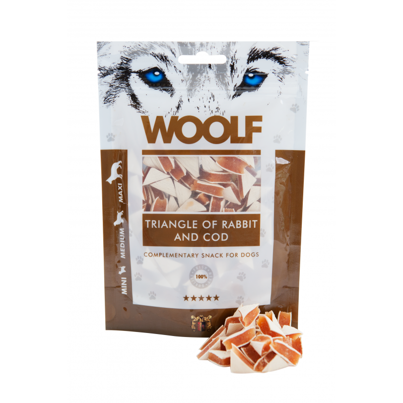 Snack Perro Triángulos Conejo y Bacalao 100gr Woolf