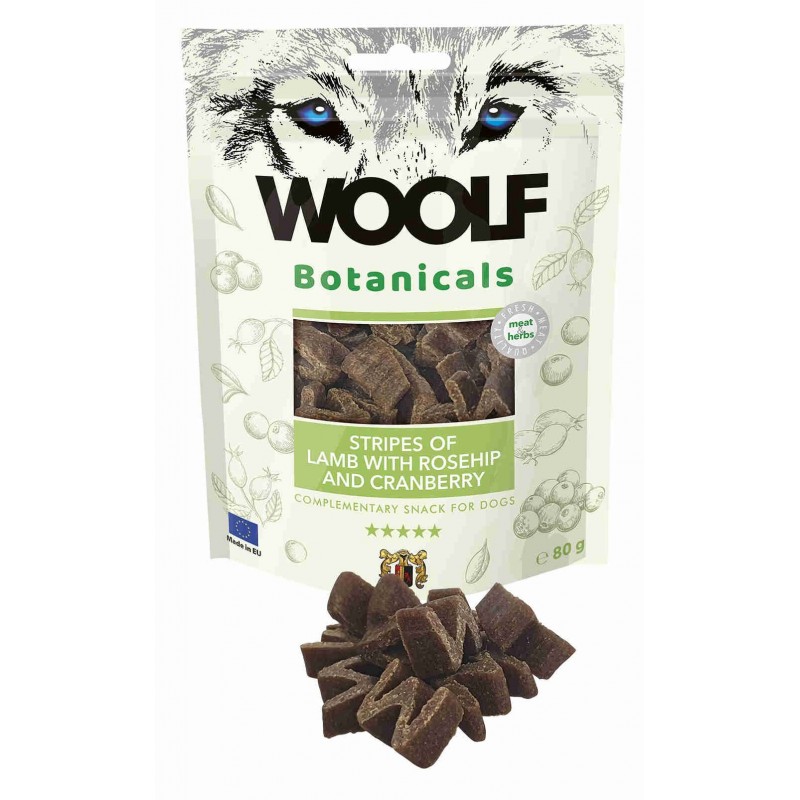 Snack Perro Woolf Botanicals Cordero con rosa mosqueta y arándanos 80 gr.