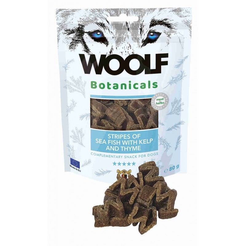 Snack Perro Woolf Botanicals Pescado con algas Kelp y tomillo 80 gr.