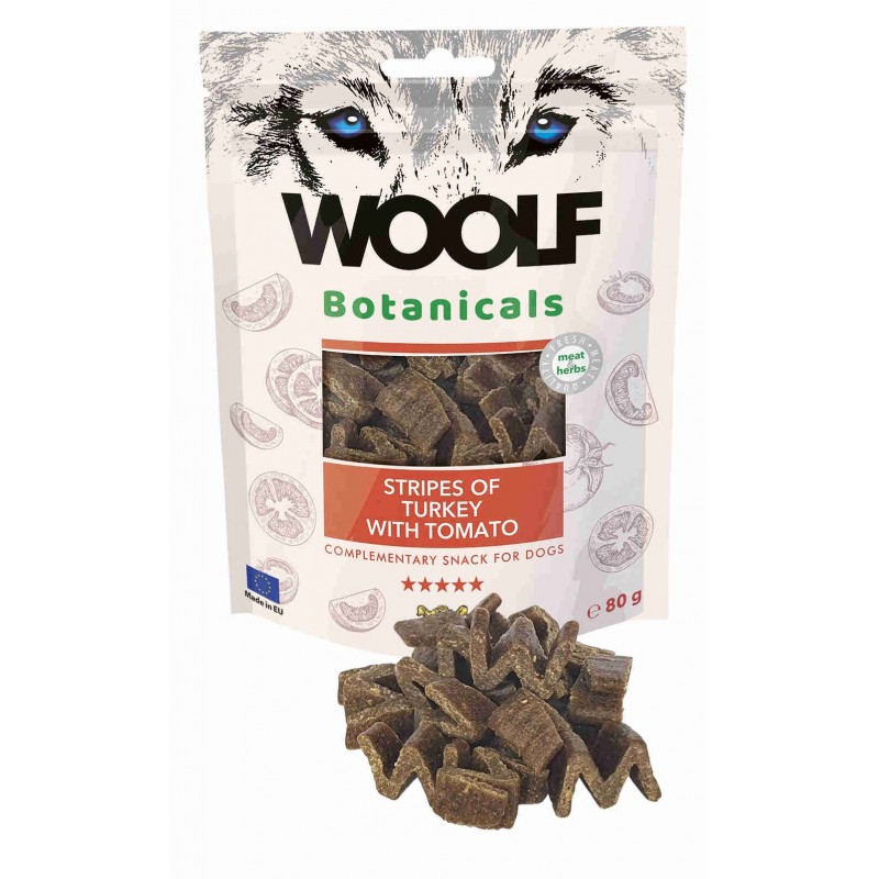 Snack Perro Woolf Botanicals Pavo con tomate 80 gr.