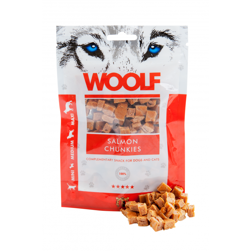 Snack Perro y Gato Dados de Salmón 100gr Woolf