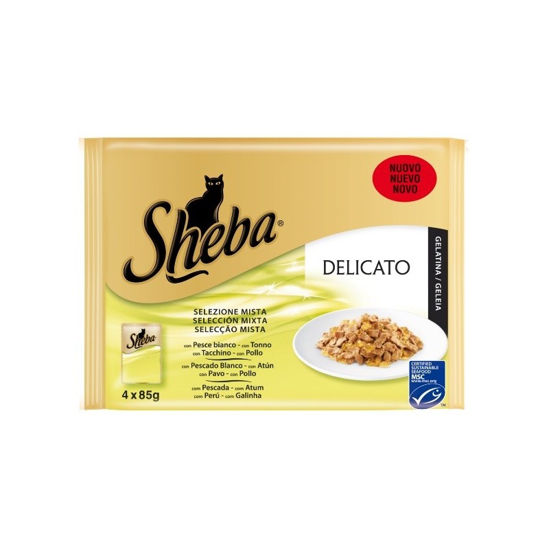 Pienso Húmedo Gato Pescado y Carnes en gelatina 4x85gr Sheba Delicato